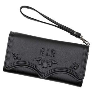 RIP Bats Black Trifold Wallet Vegan Leather Many Card Slots Wriststrap NWT